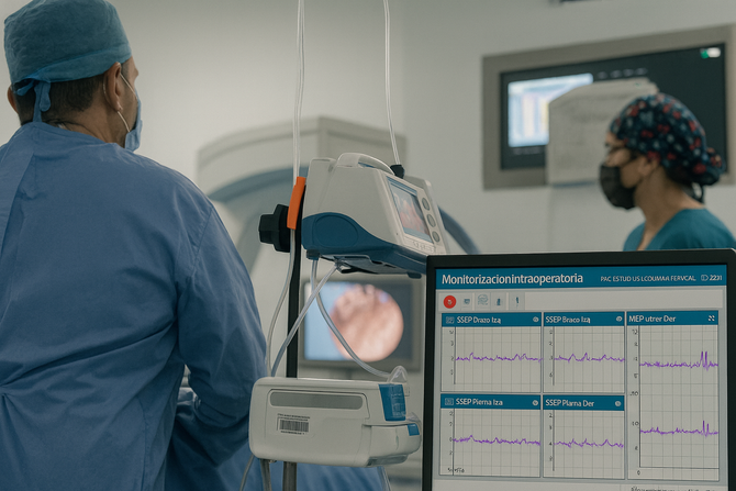 Profesionales médicos en cirugía, visualizando imágenes internas y datos en monitores.
