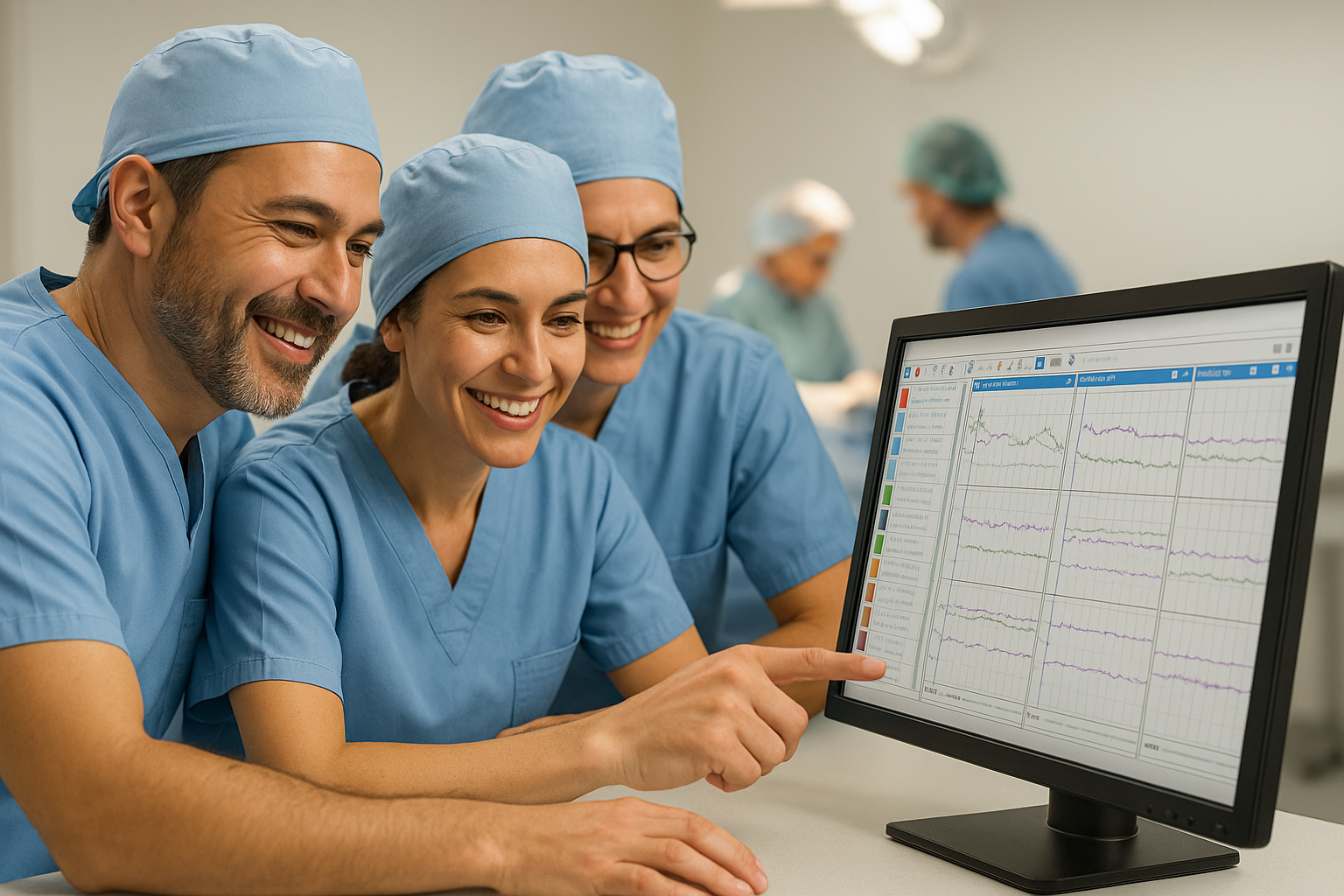 Tres profesionales médicos sonrientes con uniformes azules examinan una pantalla de computadora en un quirófano.