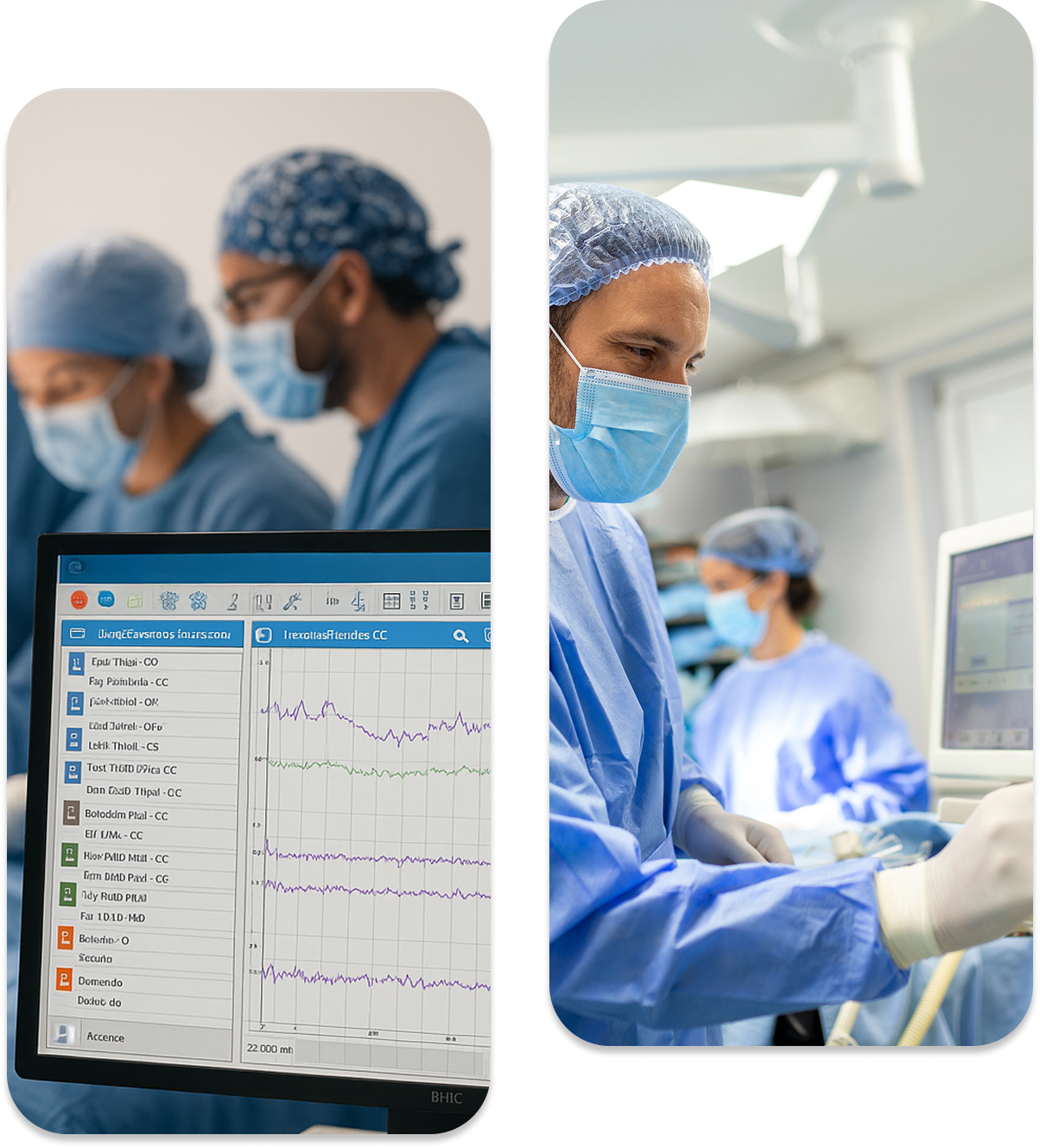 Equipo médico en quirófano, monitoreando signos vitales en una pantalla.