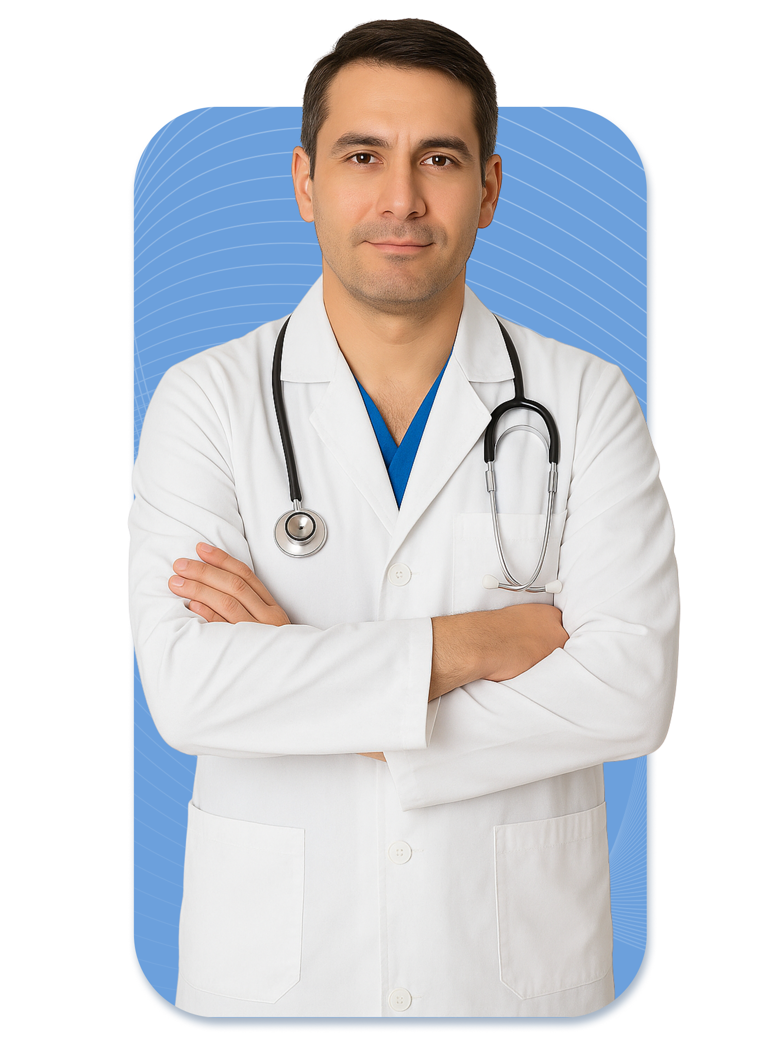 Médico sonriente apuntando hacia abajo, con bata blanca y estetoscopio, fondo azul.