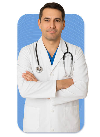 Médico sonriente señalando, vestido con bata blanca y estetoscopio, de pie frente a un fondo azul.