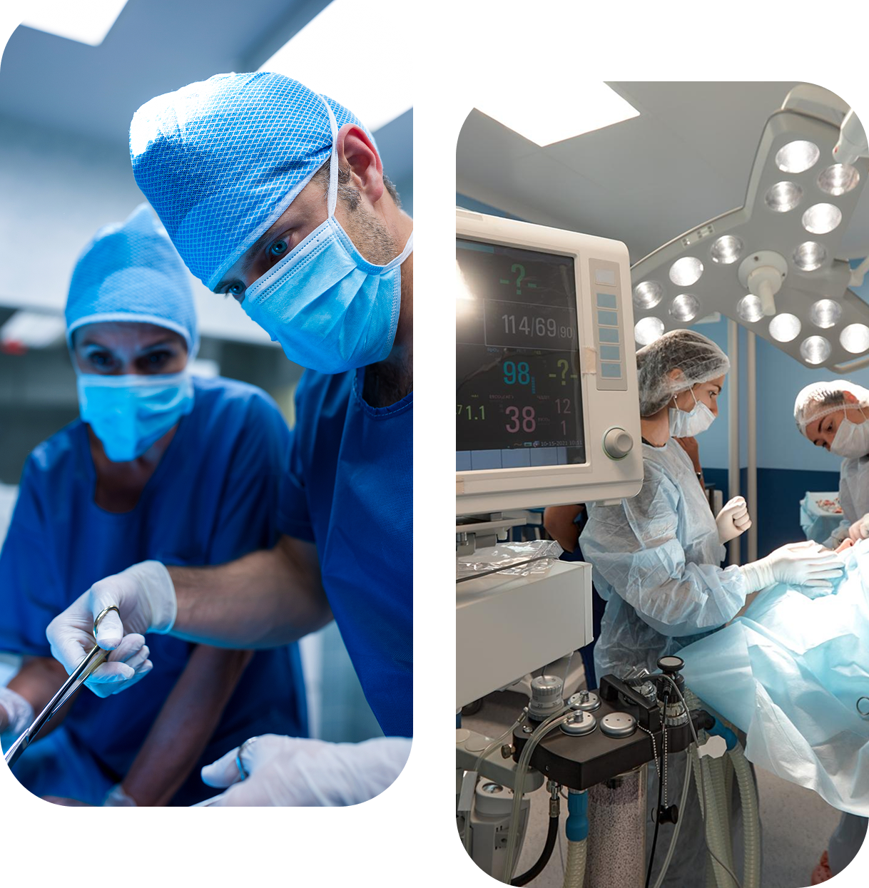 Médicos con batas blancas y uniformes en un quirófano, preparándose para realizar una cirugía o realizándola.