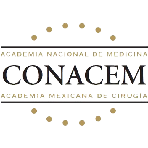 Logotipo de CONACEM con texto "Academia Nacional de Medicina" y "Academia Mexicana de Cirugía", rodeado de puntos dorados.