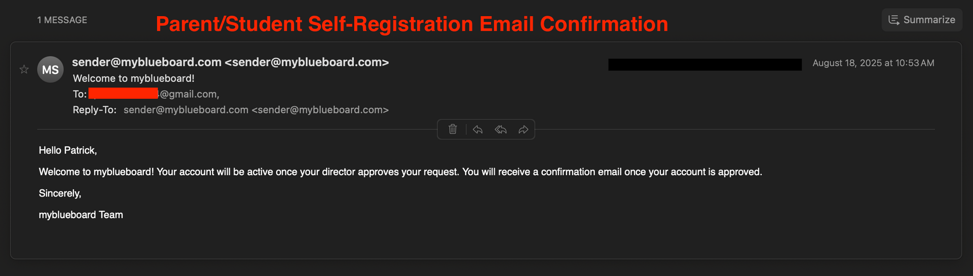 Student/Parent Confirmation Email