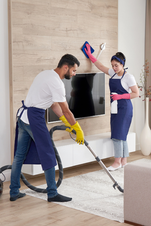 A man and a woman are cleaning a living room with a vacuum cleaner.