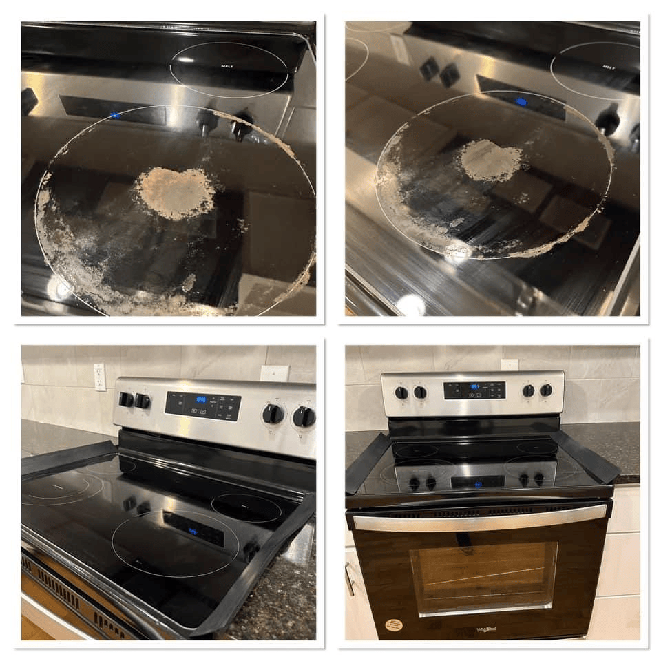Four pictures of a stove top oven before and after being cleaned