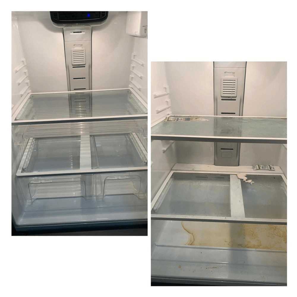 A before and after picture of an empty refrigerator and a dirty refrigerator.