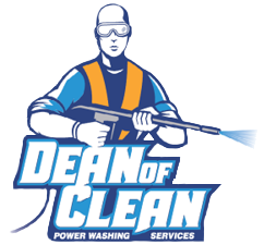 Man in safety gear with pressure washer, "Dean of Clean" logo.