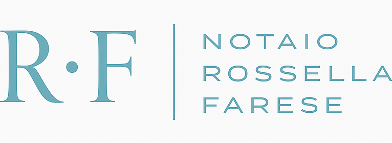 RF logo with "Notaio Rossella Farese" text. Turquoise letters on white background.