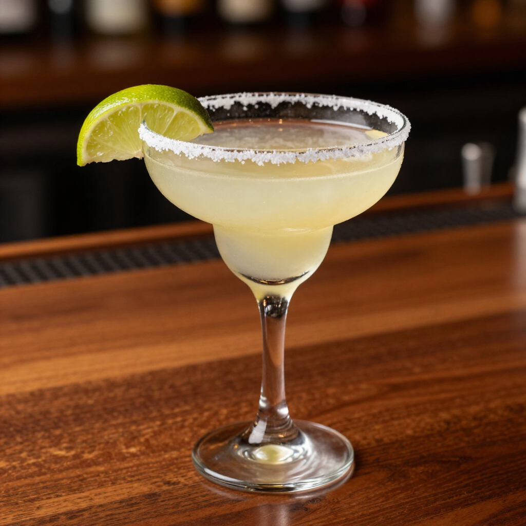Margarita with a lime wedge on a bar counter Margarita with a lime wedge on a bar counter