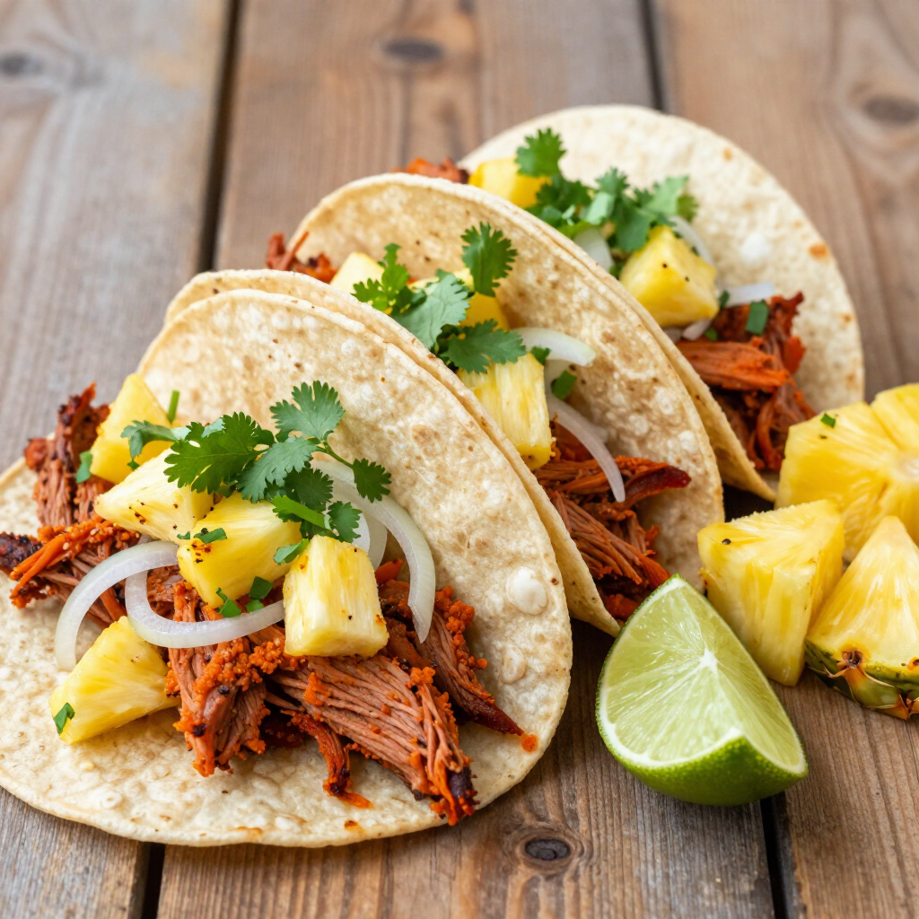 Three shredded beef tacos with pineapple, cilantro, and lime on a wooden table Three shredded beef tacos with pineapple, cilantro, and lime on a wooden table