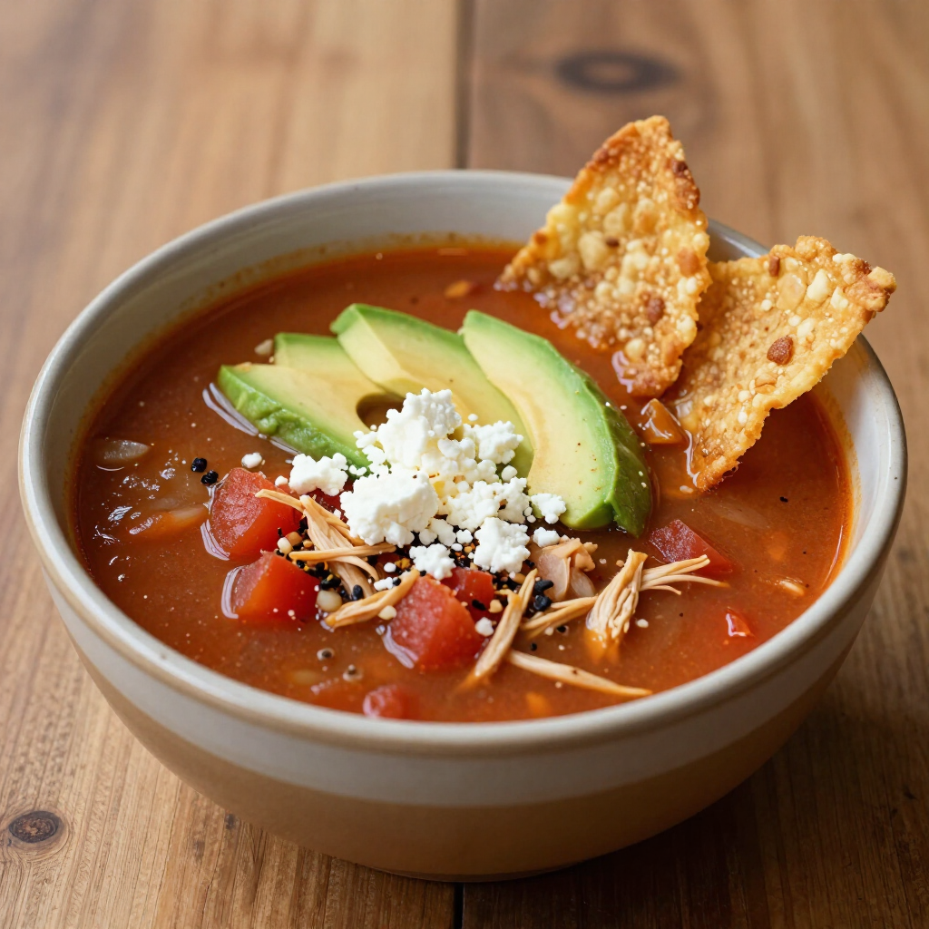 Bowl of red tortilla soup topped with avocado, cheese, and crispy tortilla chips on a wooden table Bowl of red tortilla soup topped with avocado, cheese, and crispy tortilla chips on a wooden table