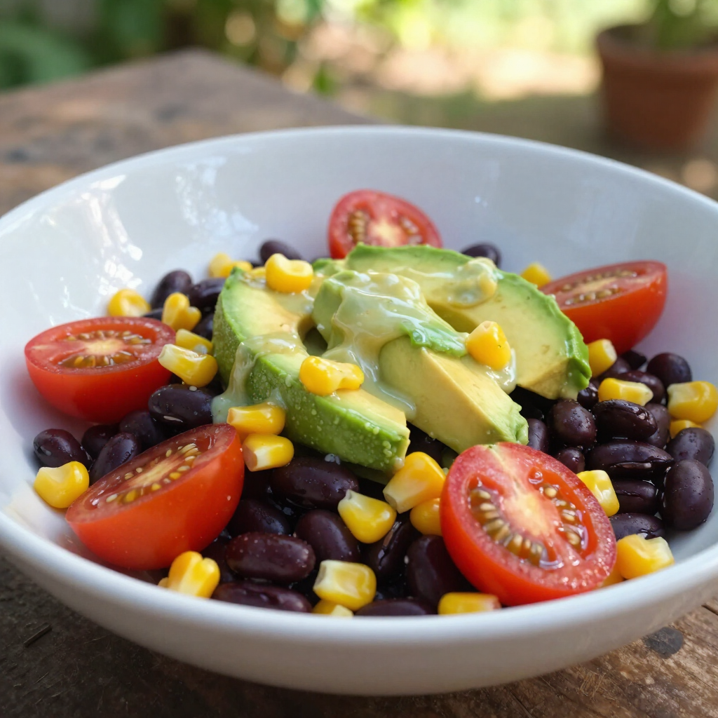 Bowl of black bean, corn, tomato, and avocado salad on a wooden table Bowl of black bean, corn, tomato, and avocado salad on a wooden table