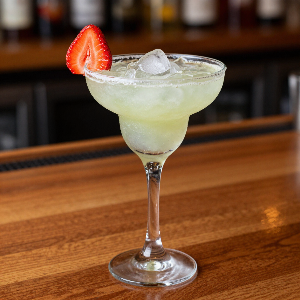 Margarita in a stemmed glass with ice and a strawberry slice on a wooden bar counter Margarita in a stemmed glass with ice and a strawberry slice on a wooden bar counter
