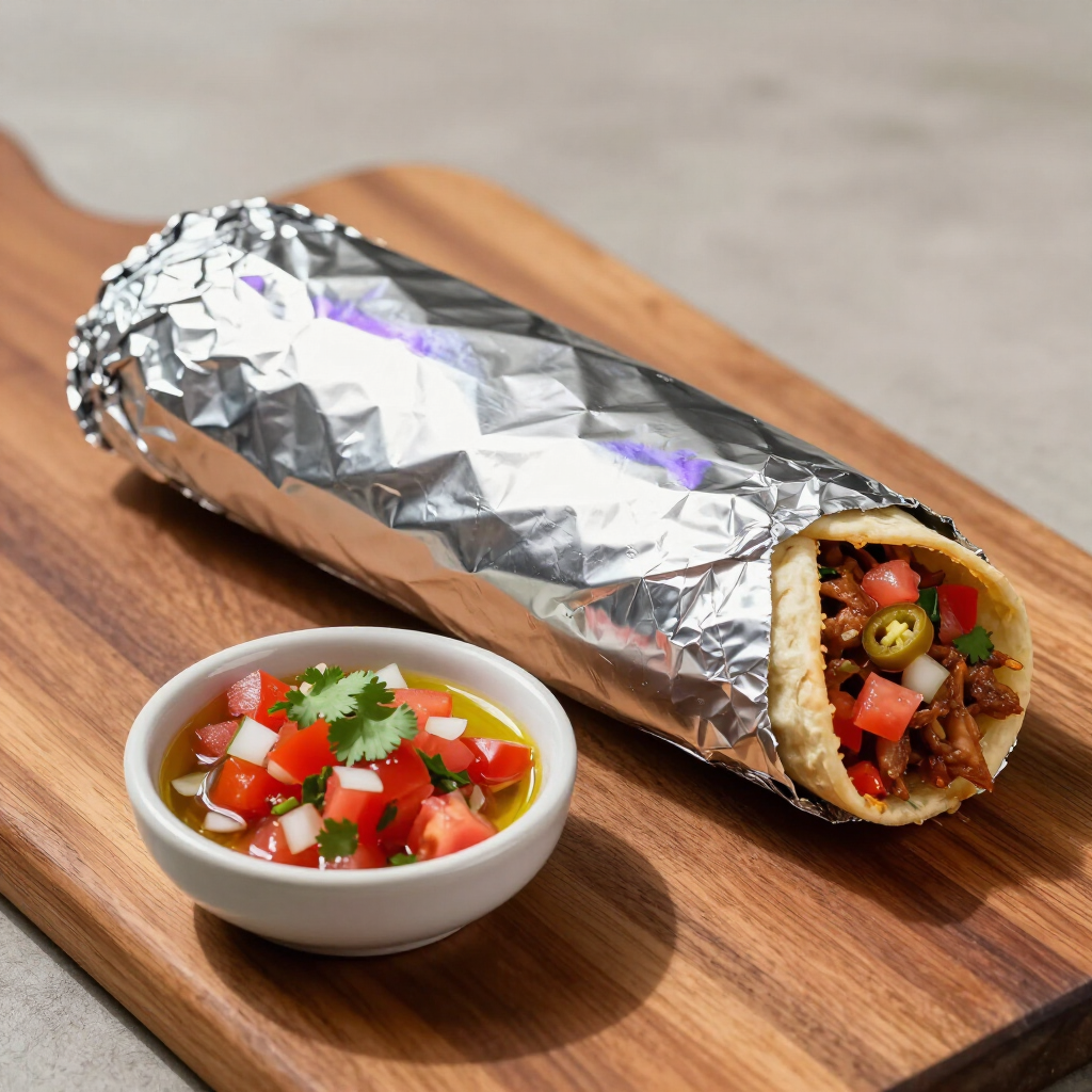 Foil-wrapped burrito on a wooden board with a small bowl of salsa and cilantro garnish Foil-wrapped burrito on a wooden board with a small bowl of salsa and cilantro garnish
