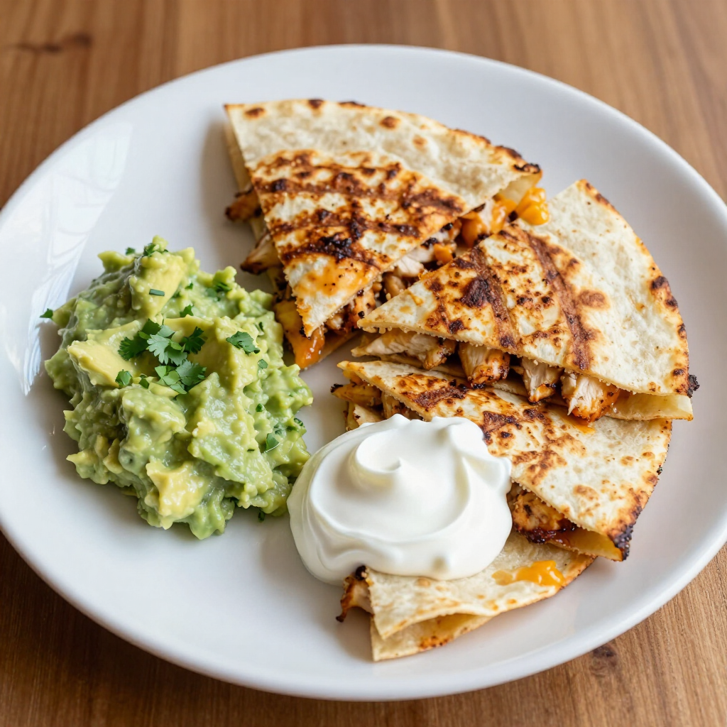 Plate of quesadilla wedges with guacamole and sour cream on a white dish Plate of quesadilla wedges with guacamole and sour cream on a white dish