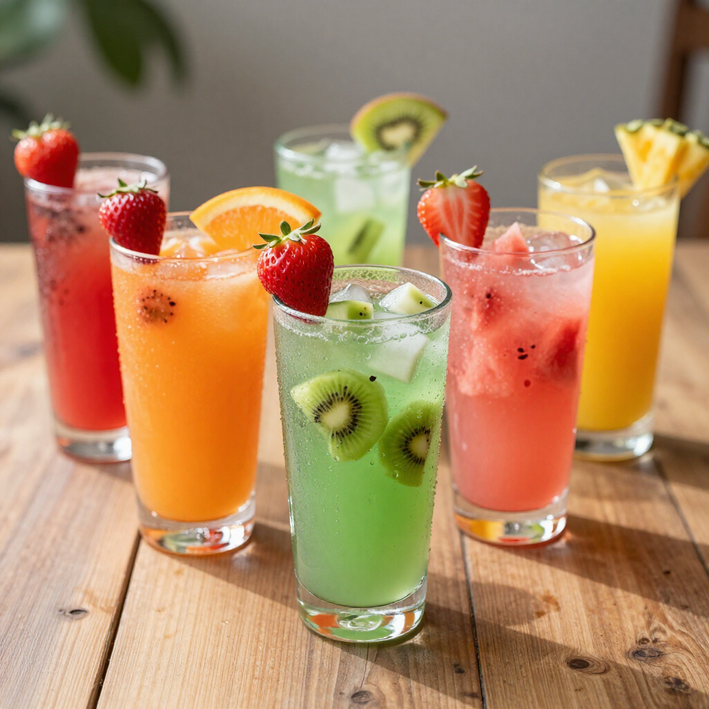 Assorted colorful fruit drinks with strawberries and kiwi on a wooden table Assorted colorful fruit drinks with strawberries and kiwi on a wooden table
