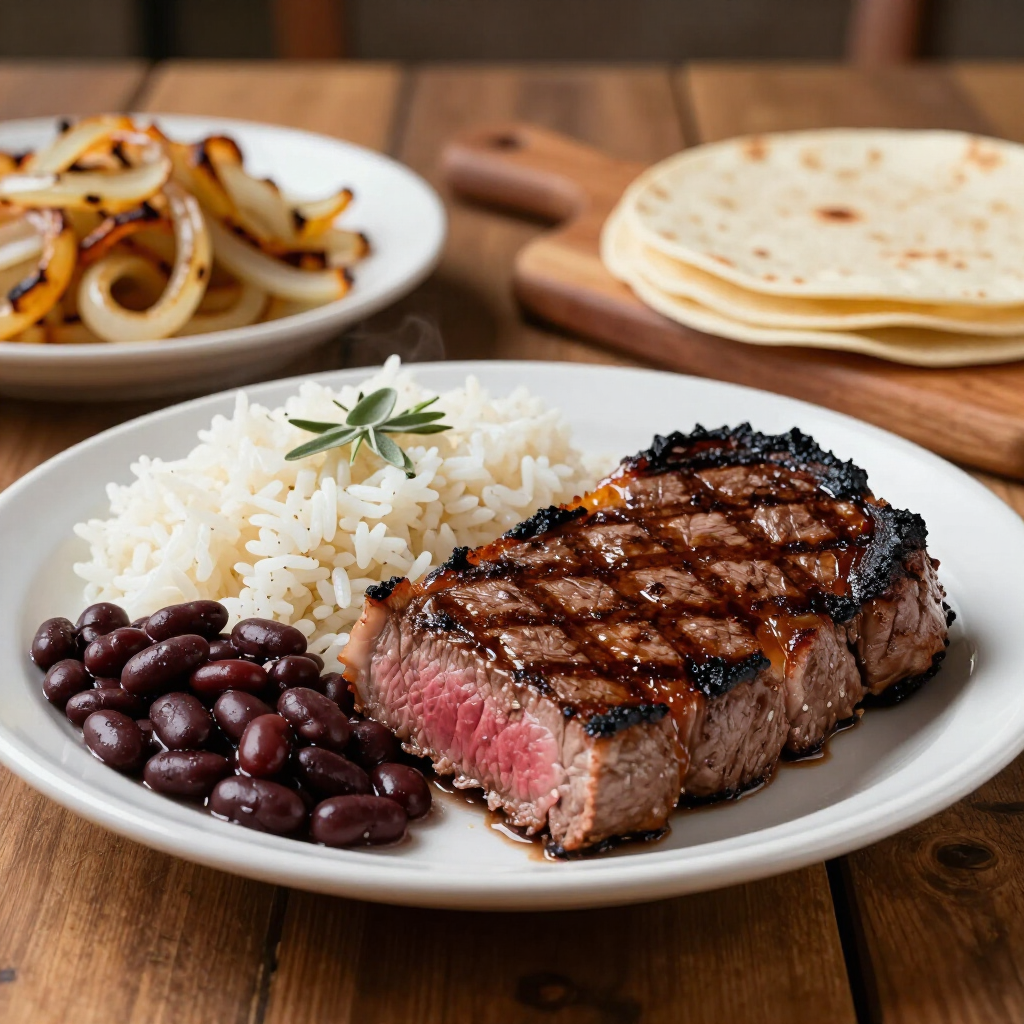 Grilled steak with rice and black beans on a white plate, with tortillas and onions in the background. Grilled steak with rice and black beans on a white plate, with tortillas and onions in the background.