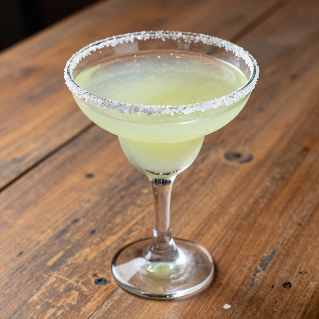 A pale green cocktail in a sugar-rimmed martini glass on a wooden table. A pale green cocktail in a sugar-rimmed martini glass on a wooden table.