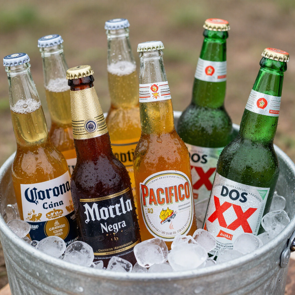 Assorted Mexican beer bottles in a metal bucket filled with ice outdoors Assorted Mexican beer bottles in a metal bucket filled with ice outdoors
