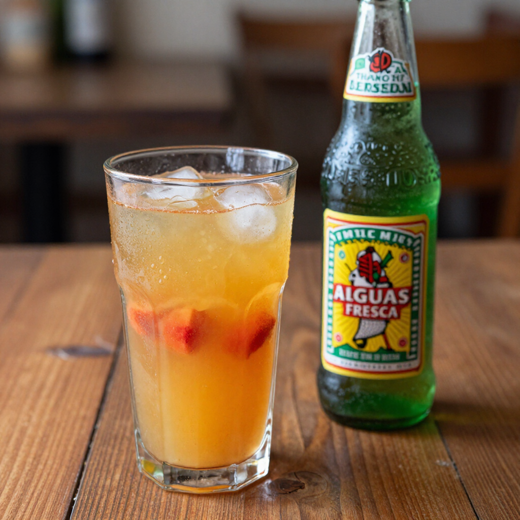 Glass of orange drink with ice beside a green Aguas Frescas bottle on a wooden table Glass of orange drink with ice beside a green Aguas Frescas bottle on a wooden table