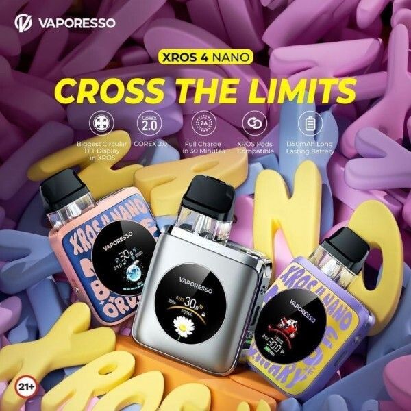 An advertisement for vaporesso xros 4 nano cross the limits