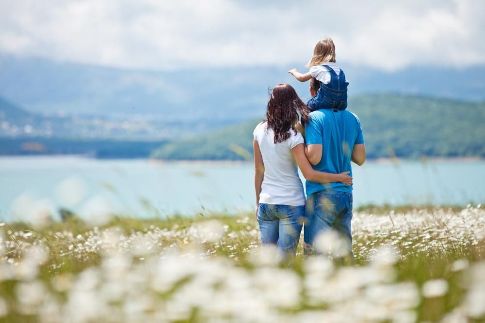 A Family Is Standing In A Field Of Flowers Looking At The Water — Lake Macquarie Counselling & Psychotherapy In Toronto, NSW
