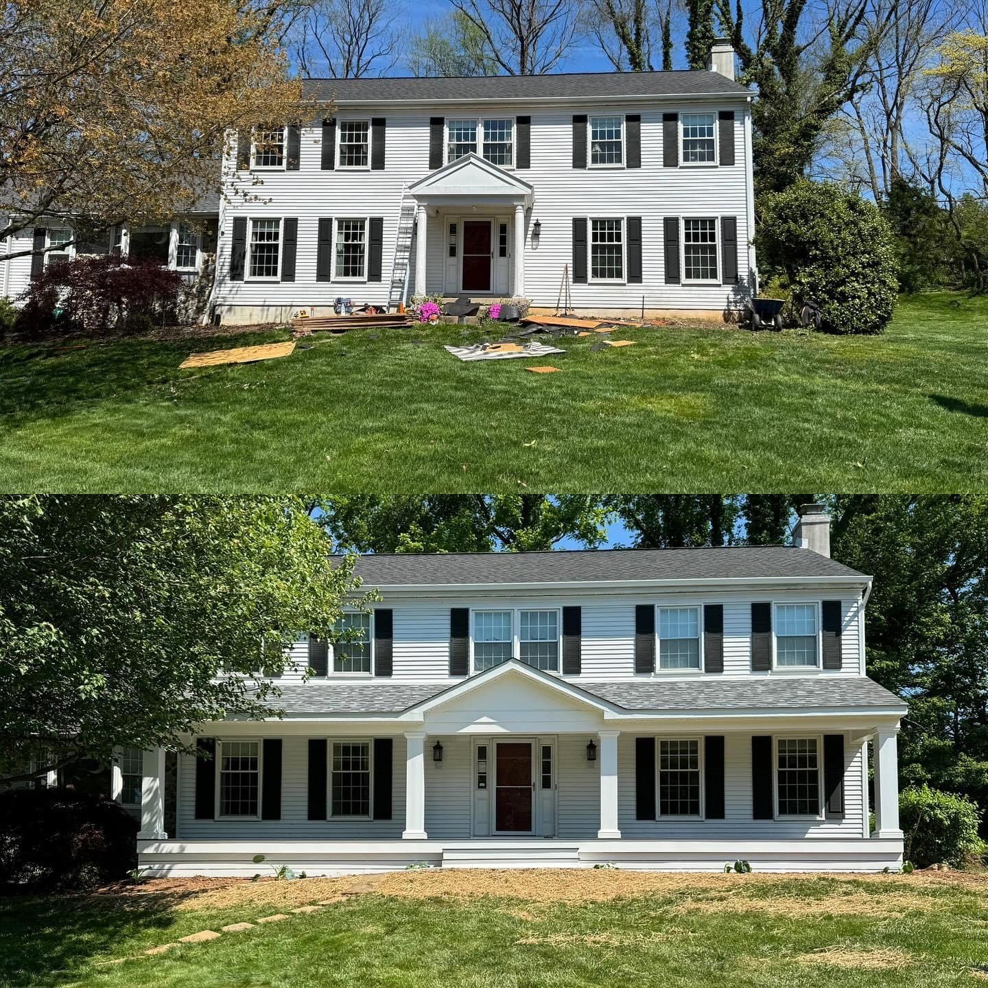 A before and after picture of a white house with black shutters.