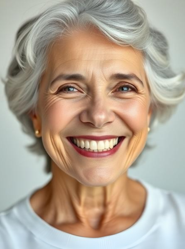 An older woman with gray hair is smiling for the camera.