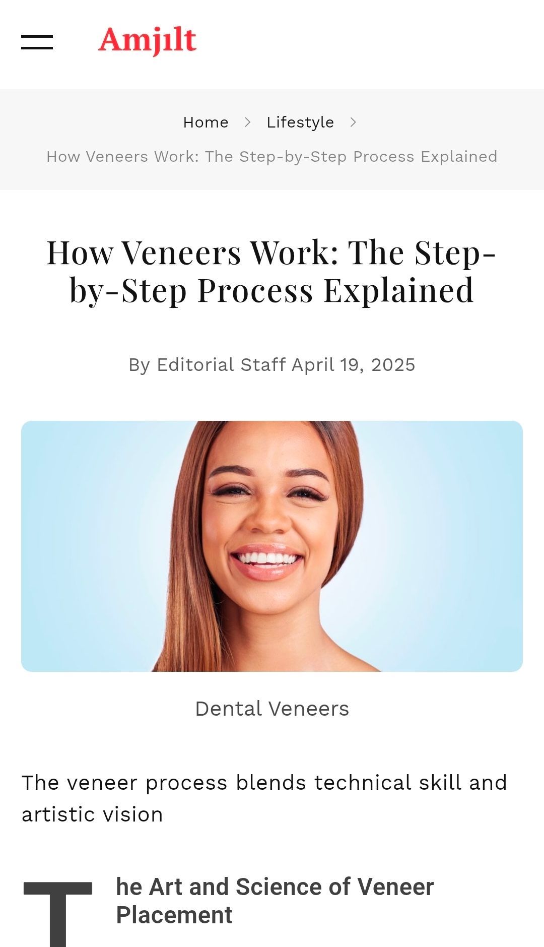 Article about veneers; smiling woman with perfect teeth; dental context.