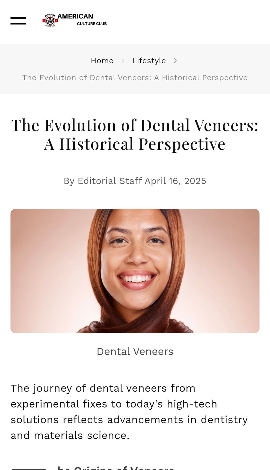 Article about dental veneers with smiling person.