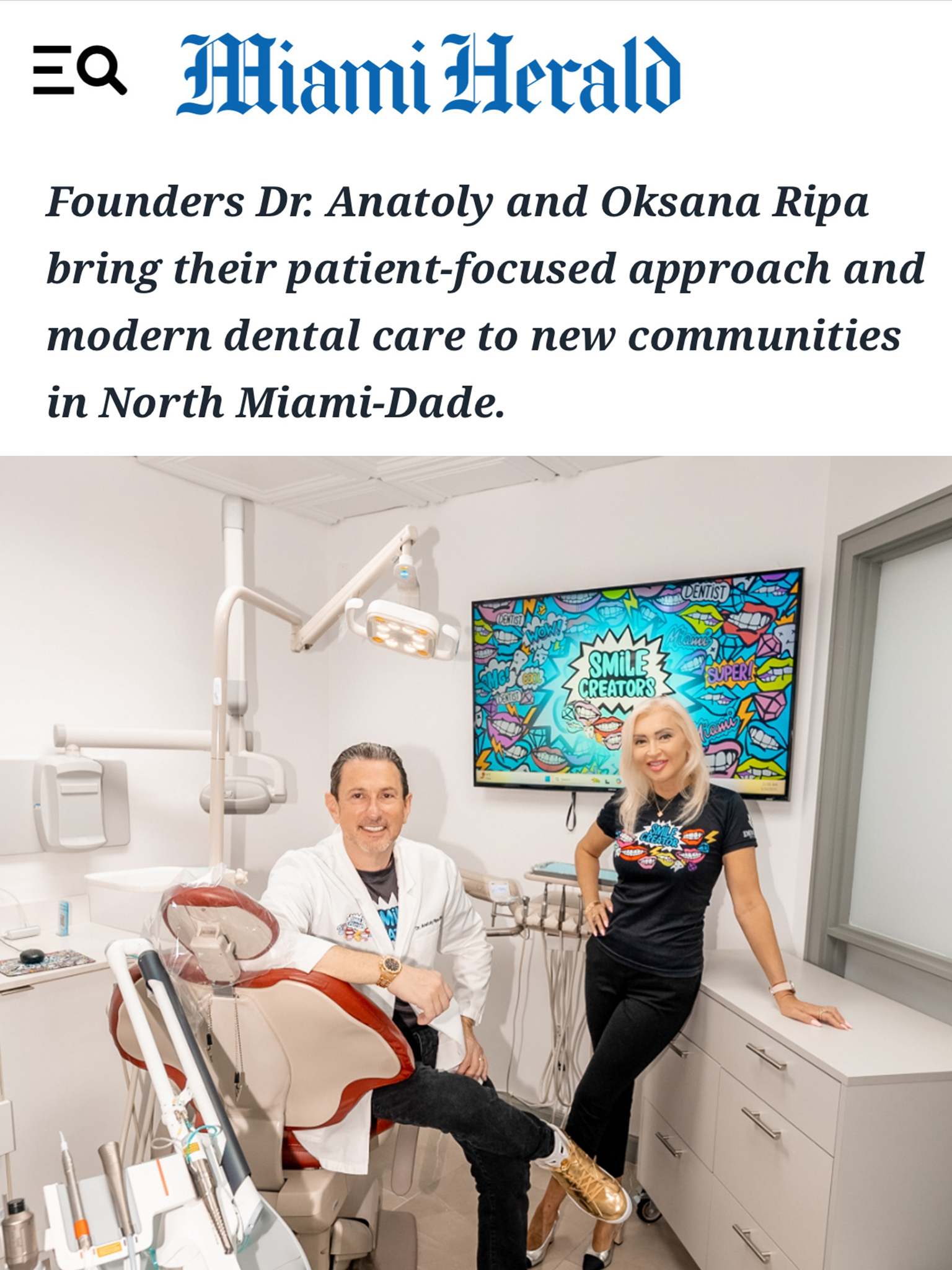 Dr. Anatoly and Oksana Ripa in a dental office, Miami Herald article about their new dental care.