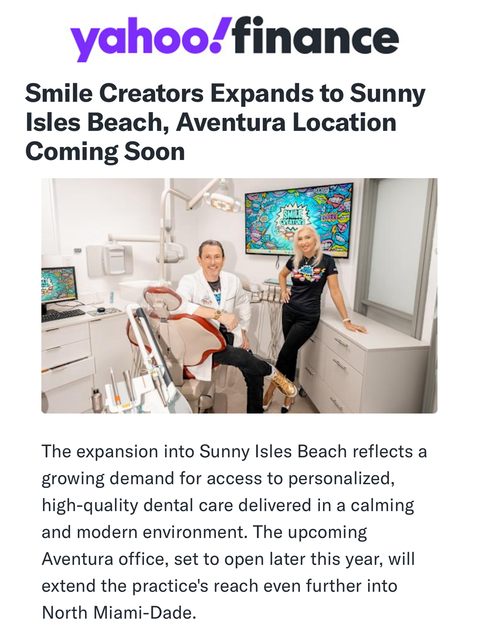 Article from Yahoo Finance: a dentist and woman pose in a modern dental office.
