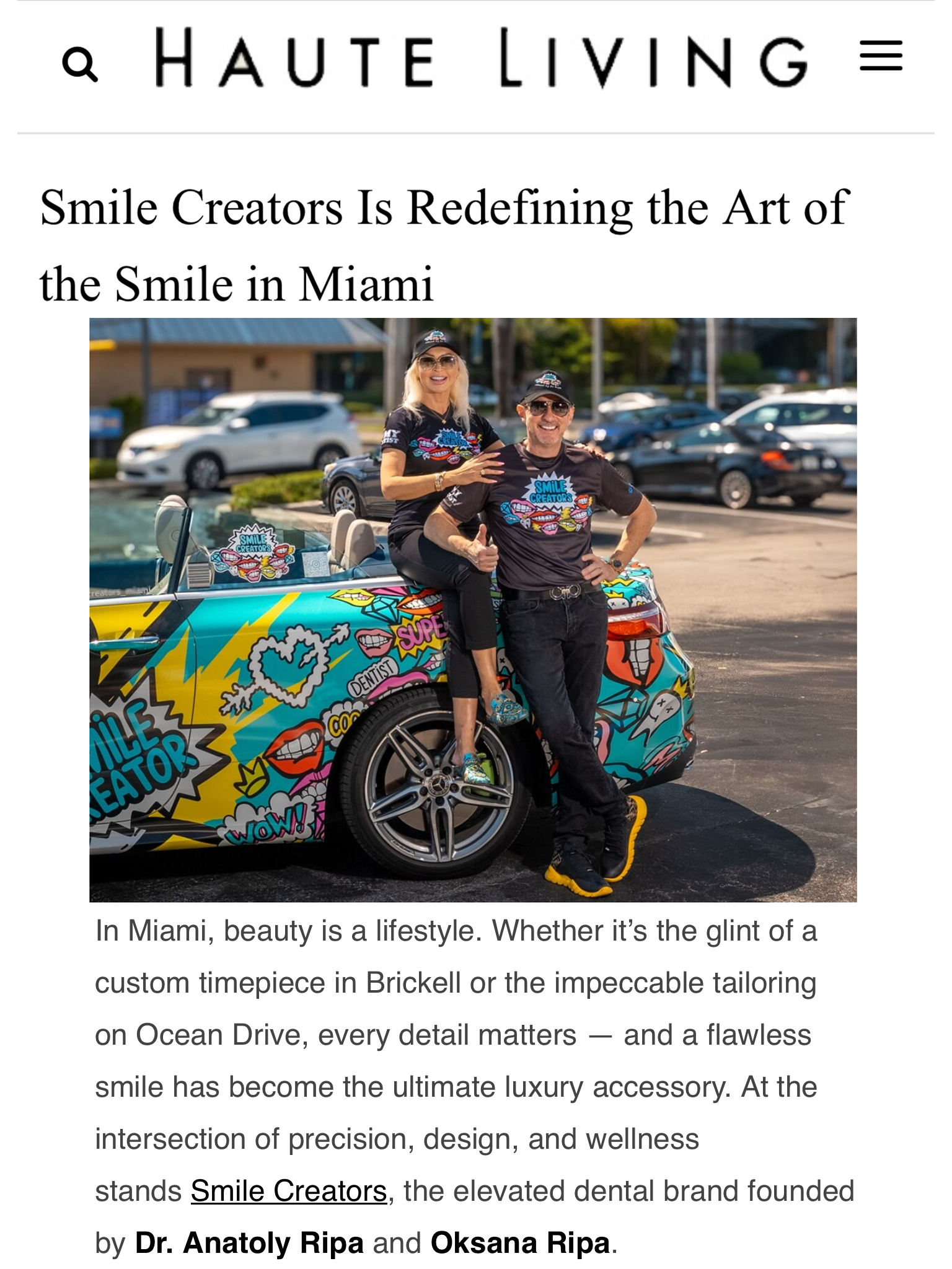 Two people pose with a colorful car.  Haute Living article: Smile Creators.  Miami, Florida.