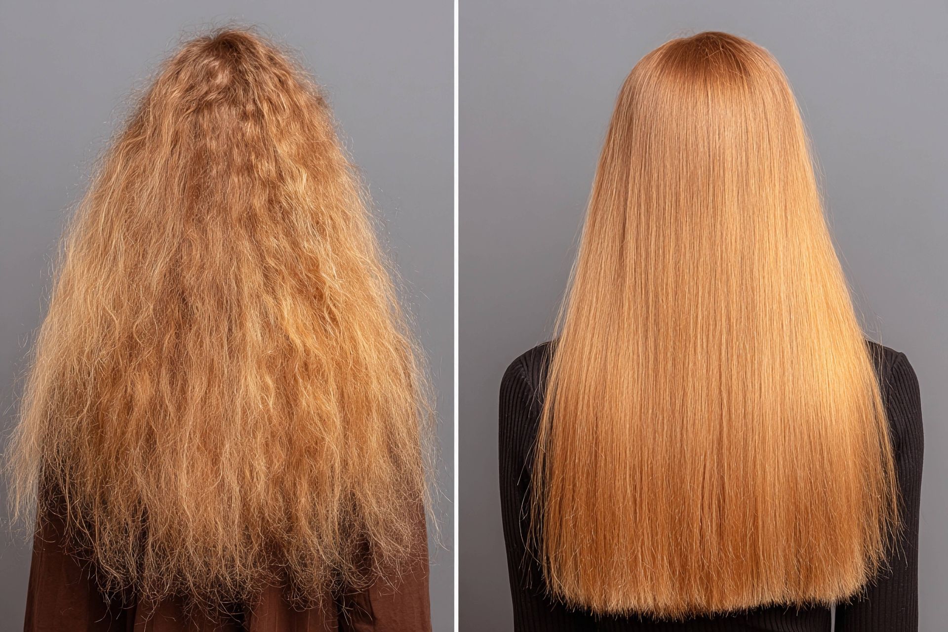 A before-and-after image of a hair salon blowout at Lux Hair Bar in Lexington, Kentucky
