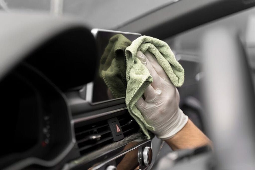 Person cleaning a car's dashboard screen with a cloth, wearing a glove inside a car.