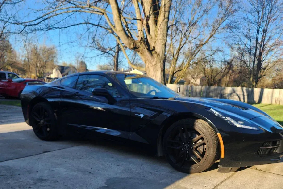 Black Chevrolet Corvette parked on a driveway with a tree in the background.