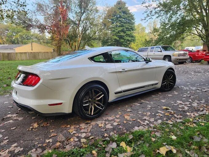 White Ford Mustang coupe parked outside on a fall day. Black wheels, black stripe.