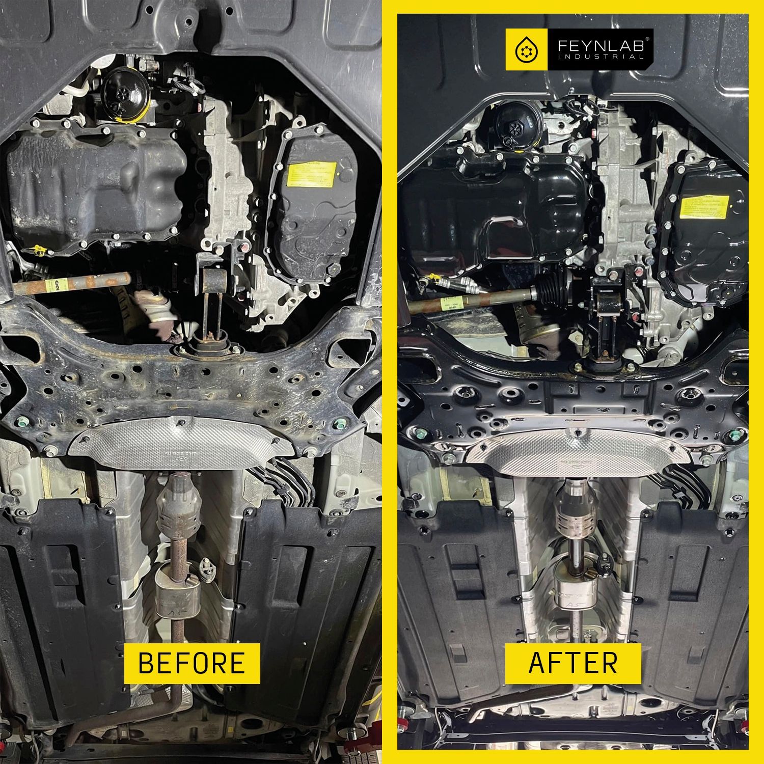 Side-by-side photo showing a car's undercarriage, 