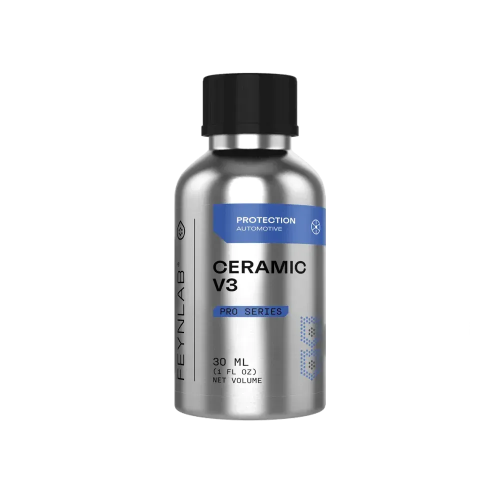 Silver bottle of Ceramic V3 car protection, with black cap and blue label.