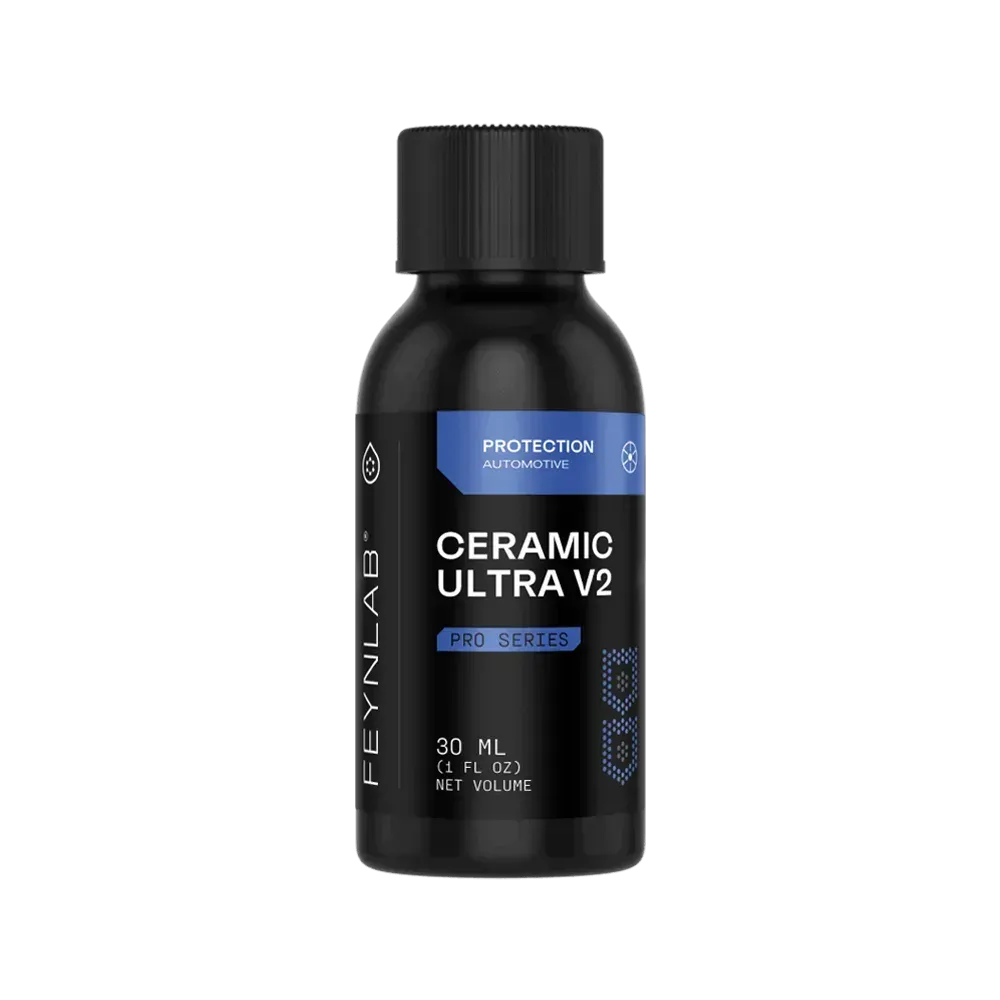 Black bottle of FEYNLAB CERAMIC ULTRA V2 paint coating. Blue and white text on a dark blue label.