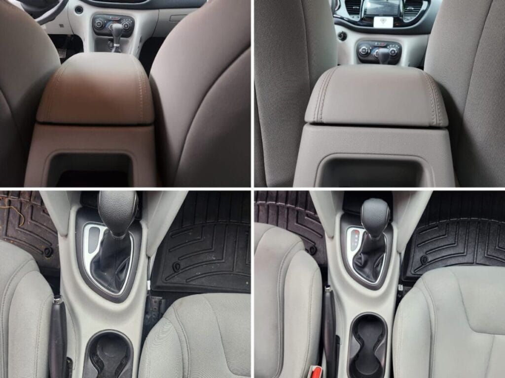 Interior car shots: armrest, gear shift, cup holders, and seats in a light grey color.