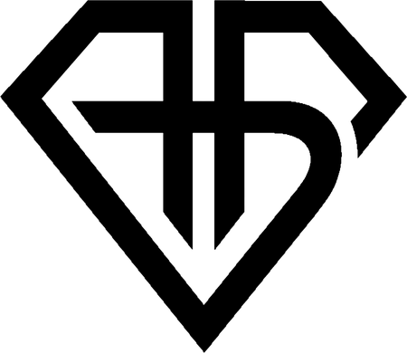 Black logo with a diamond shape framing the letters 