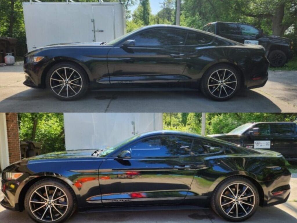 Two black Ford Mustang cars side-by-side with tinted windows. The top car sits in the sun, the bottom in shade.