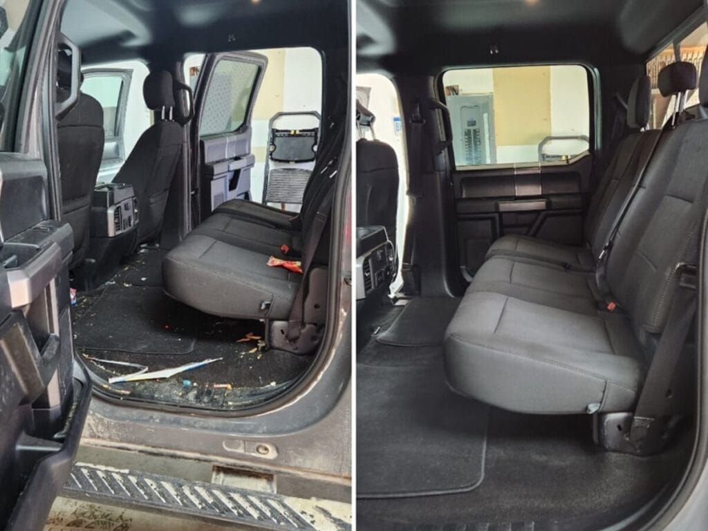 Before and after interior of a pickup truck; seats, carpet, and door panels are cleaned.