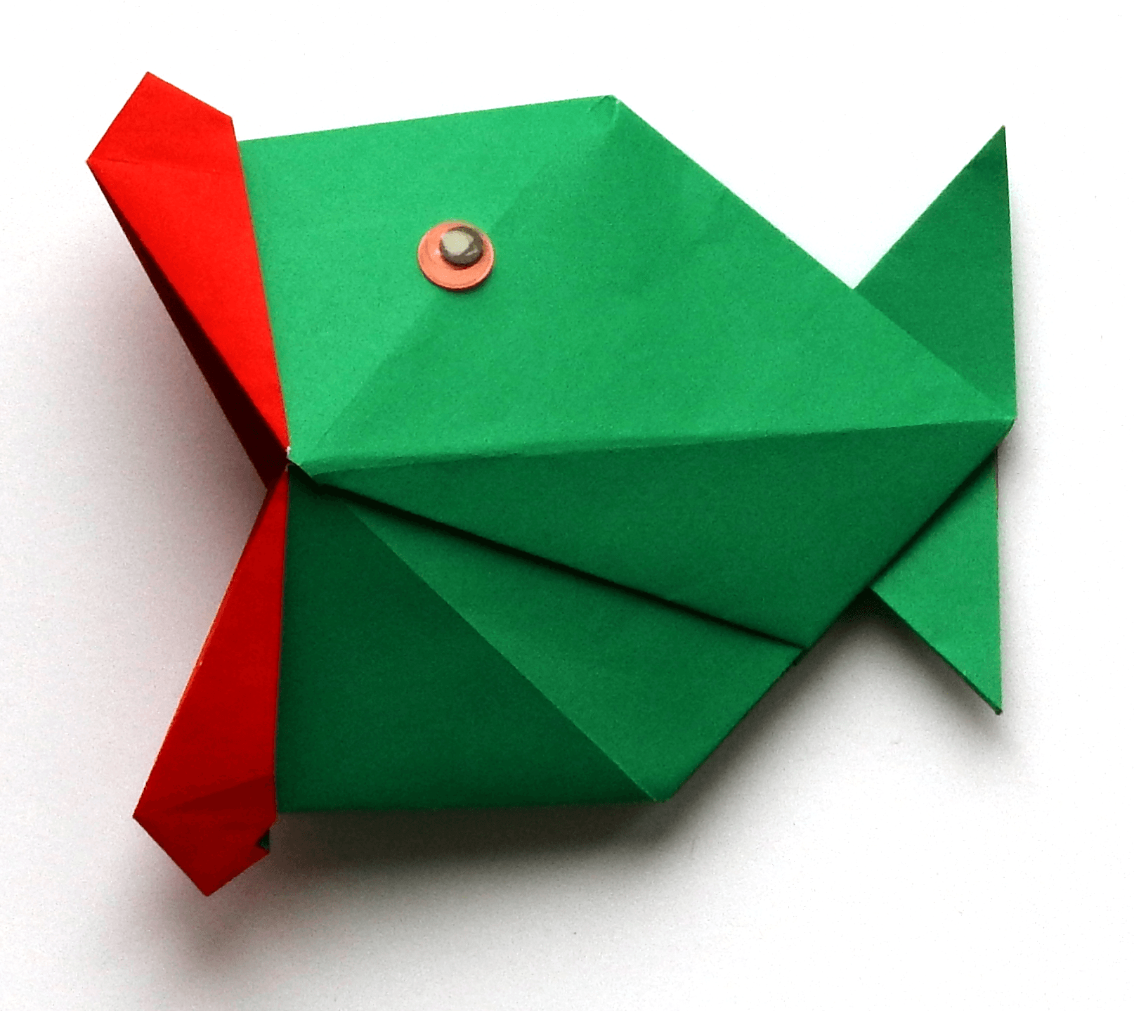 Green origami fish with red lips linking to video tutorial.