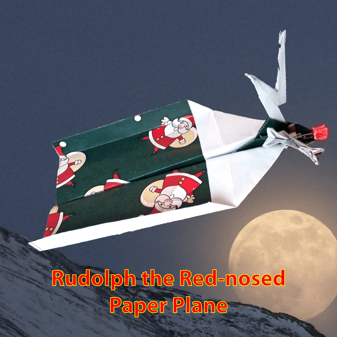Paperplane with antlers flying through a snowy nightsky linking to video instructions.