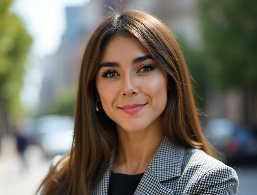 Woman with long brown hair, wearing a gray blazer, smiling outdoors in a city setting.