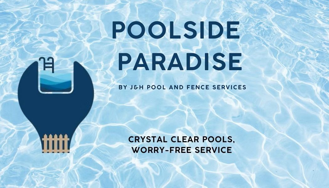 Poolside Paradise logo: a wrench with a small pool, fence, and text over a water background.