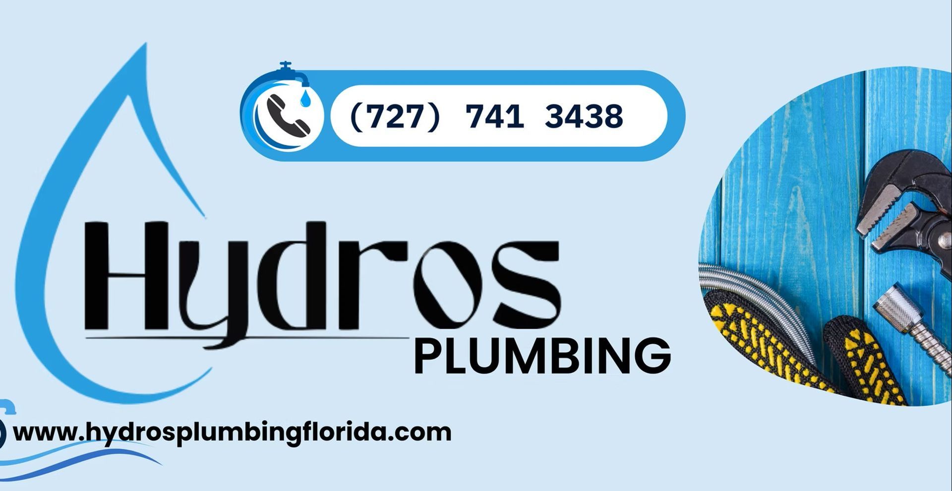 Hydros Plumbing logo with a phone number and plumbing tools on a blue background. Website address included.